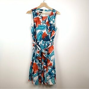 Talbots Petites Dress Pleated Belted A-line Midi Sz 10P Blue Red Sleeveless